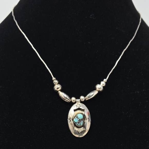Vintage Sterling Silver Beaded Necklace With Turquise Stone Pendant 16 Inches - Picture 1 of 9